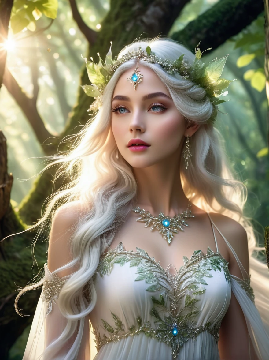 princesa elfa etérea,olhos e rosto extremamente detalhados,cílios longos,lindos lábios detalhados, Cabelo branco esvoaçante, usando um vestido esvoaçante deslumbrante feito de delicadas folhas e vinhas,parado em uma luminosa floresta encantada, aura mágica brilhante, padrões florais intrincados, cercado por árvores antigas,iluminação suave e sonhadora,atmosfera mística, raios de sol filtrando através da densa copa,cores vivas,pequenos vaga-lumes brilhantes, traje ecológico,quadro fino e elegante