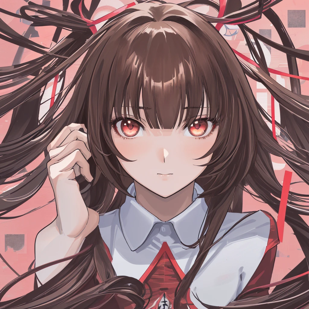 34-year-old woman, moderate length brown hair with long messy bangs, ojos rojos, busto gigantesco, long bunny-themed ribbon in hair, leotardo negro con blanco transparente, mostrando el culo al espectador 