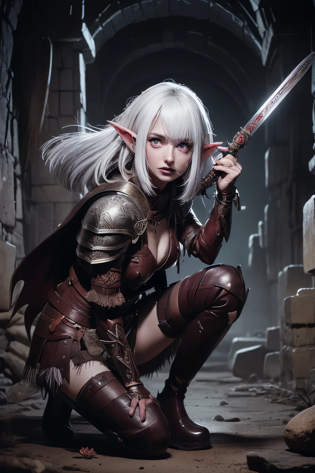 (Ultra-detailed face, Eyes wide open:1.5), (Fantasy Illustration with Gothic & Ukiyo-e & Comic Art), (Full Body:1.3), (In a dark, deep underground cavern, a female elven Barbarian runs, leaps up, and in a daring pose, cuts the skeletal warrior with a greatsword held in both hands), (A young-aged elf woman with white hair, blunt bangs, Very long disheveled hair, lavender eyes)