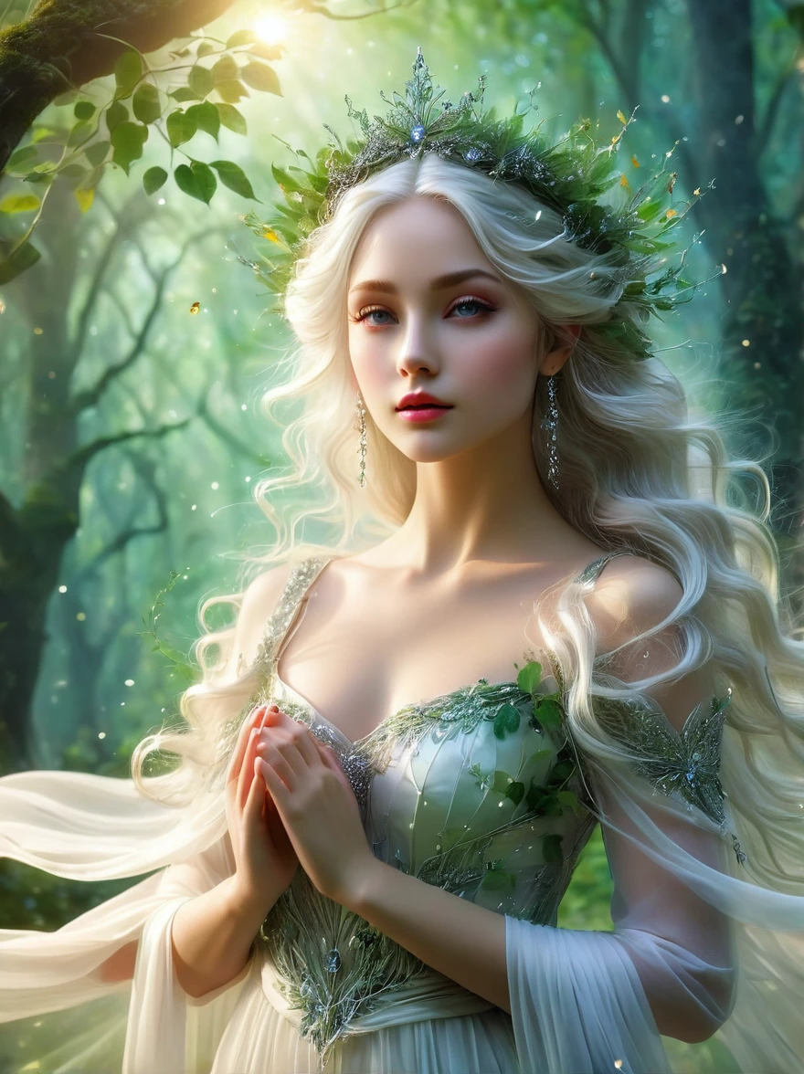 1sbsl1, ethereal elf princess,extremely detailed eyes and face,long eyelashes,beautiful detailed lips, flowing white hair, wearing a stunning flowing dress made of delicate leaves and vines,standing in a luminous enchanted forest, glowing magical aura, intricate floral patterns, surrounded by ancient trees,soft dreamy lighting,mystical atmosphere, rays of sunlight filtering through the dense canopy,vivid colors,tiny glowing fireflies, eco-friendly attire,slender elegant frame