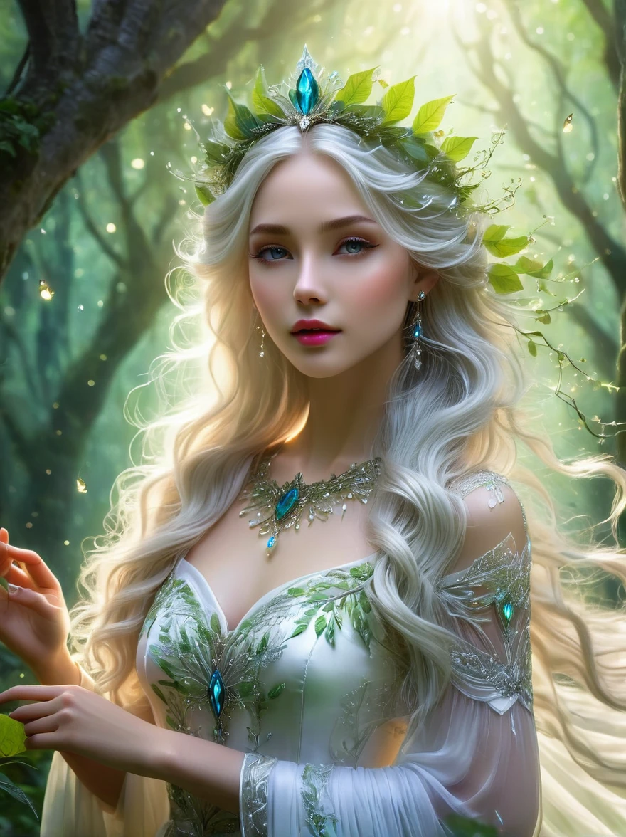 1sbsl1, ethereal elf princess,extremely detailed eyes and face,long eyelashes,beautiful detailed lips, flowing white hair, wearing a stunning flowing dress made of delicate leaves and vines,standing in a luminous enchanted forest, glowing magical aura, intricate floral patterns, surrounded by ancient trees,soft dreamy lighting,mystical atmosphere, rays of sunlight filtering through the dense canopy,vivid colors,tiny glowing fireflies, eco-friendly attire,slender elegant frame