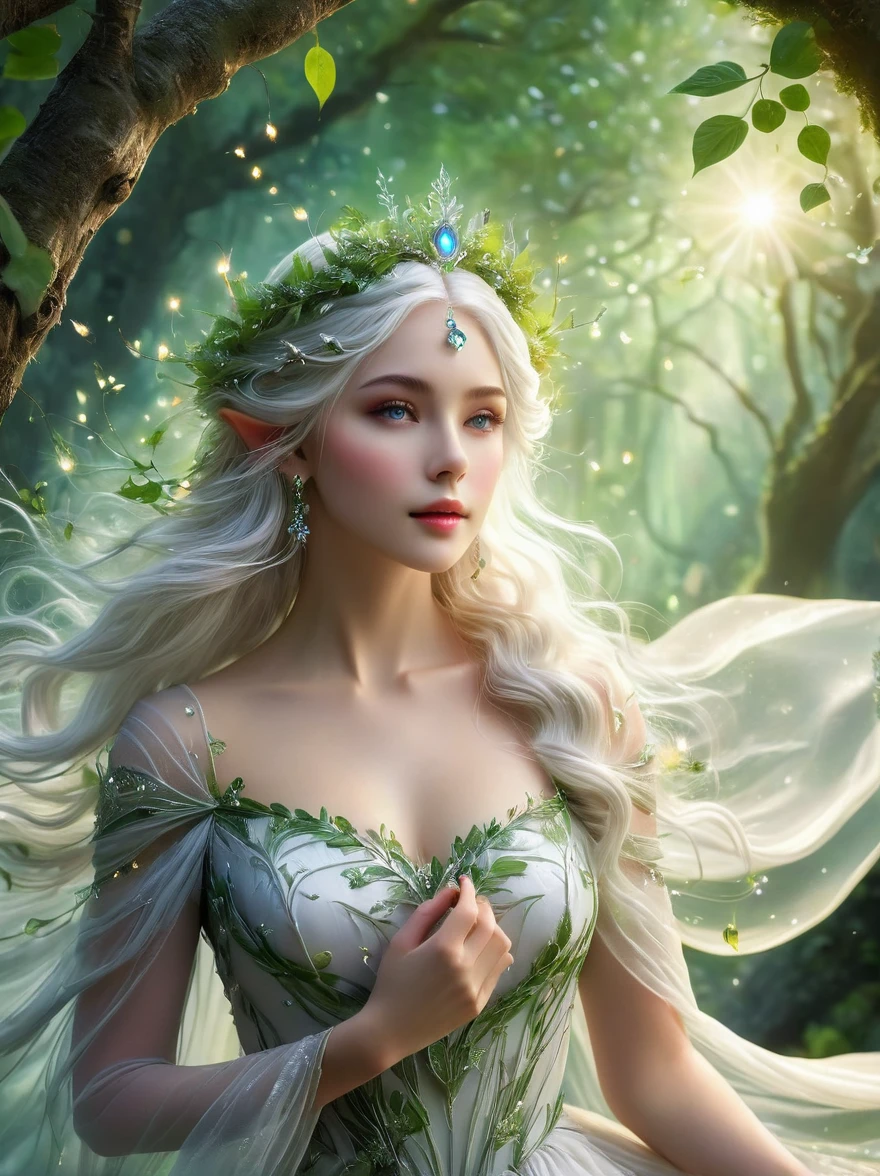 1sbsl1, ethereal elf princess,extremely detailed eyes and face,long eyelashes,beautiful detailed lips, flowing white hair, wearing a stunning flowing dress made of delicate leaves and vines,standing in a luminous enchanted forest, glowing magical aura, intricate floral patterns, surrounded by ancient trees,soft dreamy lighting,mystical atmosphere, rays of sunlight filtering through the dense canopy,vivid colors,tiny glowing fireflies, eco-friendly attire,slender elegant frame