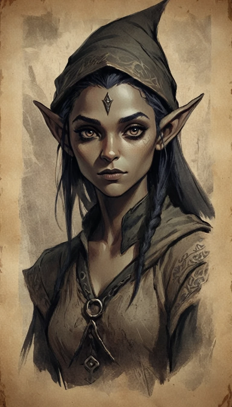 a dark elf, wanted poster, simple sketch on parchment, dark ink art, detailed facial features, intricate clothing, dramatic lighting, gritty textures, muted color palette, moody atmosphere, high quality, cinematic, masterpiece