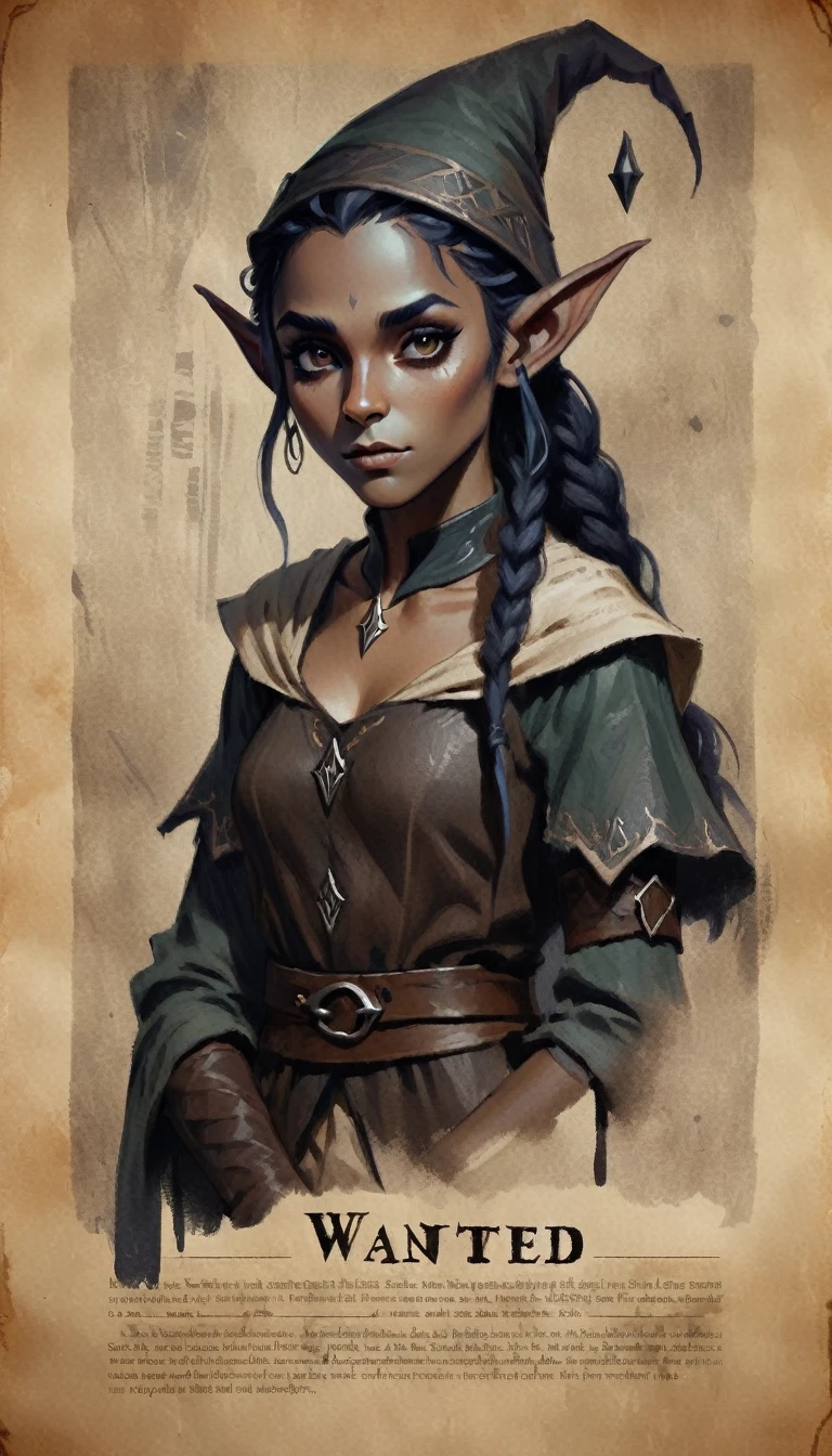 a dark elf, wanted poster, simple sketch on parchment, dark ink art, detailed facial features, intricate clothing, dramatic lighting, gritty textures, muted color palette, moody atmosphere, high quality, cinematic, masterpiece