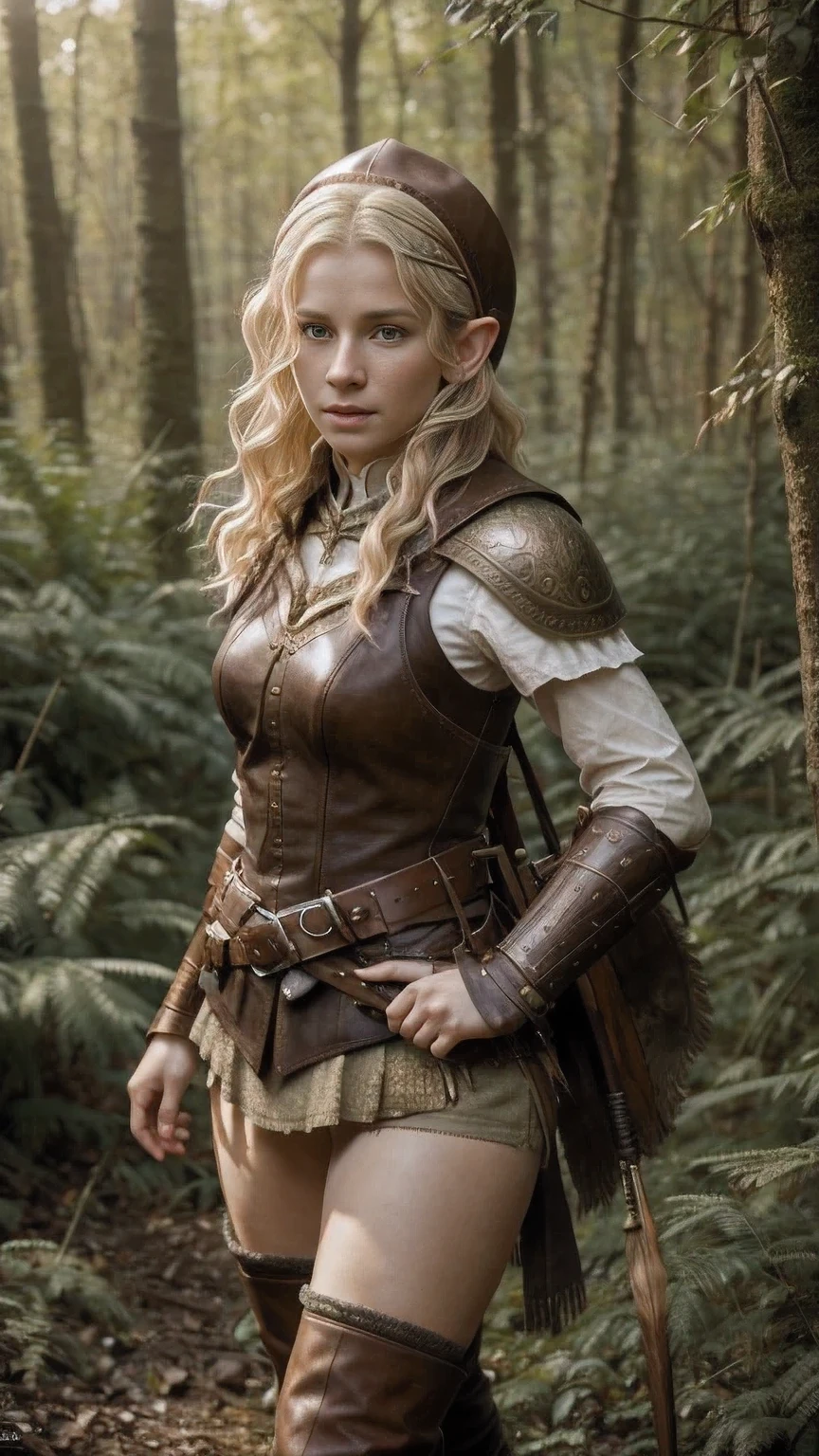 young elf girl : blonde wavy short hair,freckles on the face, on the head is a 16th century hunting hat with a feather on the side, wearing light dark brown leather armor ,Leather Bracers, high leather boots, Tolkien fantasy style, elf, sneaks through the bushes in the forest with a bow at the ready (17th century compound warbow),Edge of the forest,realistic scene, Photorealism,8k rendering,