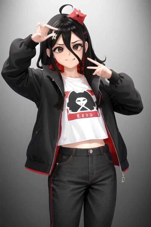 A masterpiece quality, ultra-detailed, high quality, high resolution portrait of an Argentine Vtuber named NimuVT. She has two-tone hair with short black hair with slightly messy bangs, long red hair with the interior colored black, and her hair partially covers her eyes. She has dark, penetrating brown eyes, and one eye is black and the other red. She has a thin, well-defined build and a busty figure. She is smiling with an open mouth, blushing, and wearing a black choker. She is dressed in torn black shorts, blue tennis shoes, and a pink cropped blouse with straps. She is holding an axe in her right hand, has a backpack on her back, and is wearing a jacket with bare shoulders. She is looking at the viewer against a black background