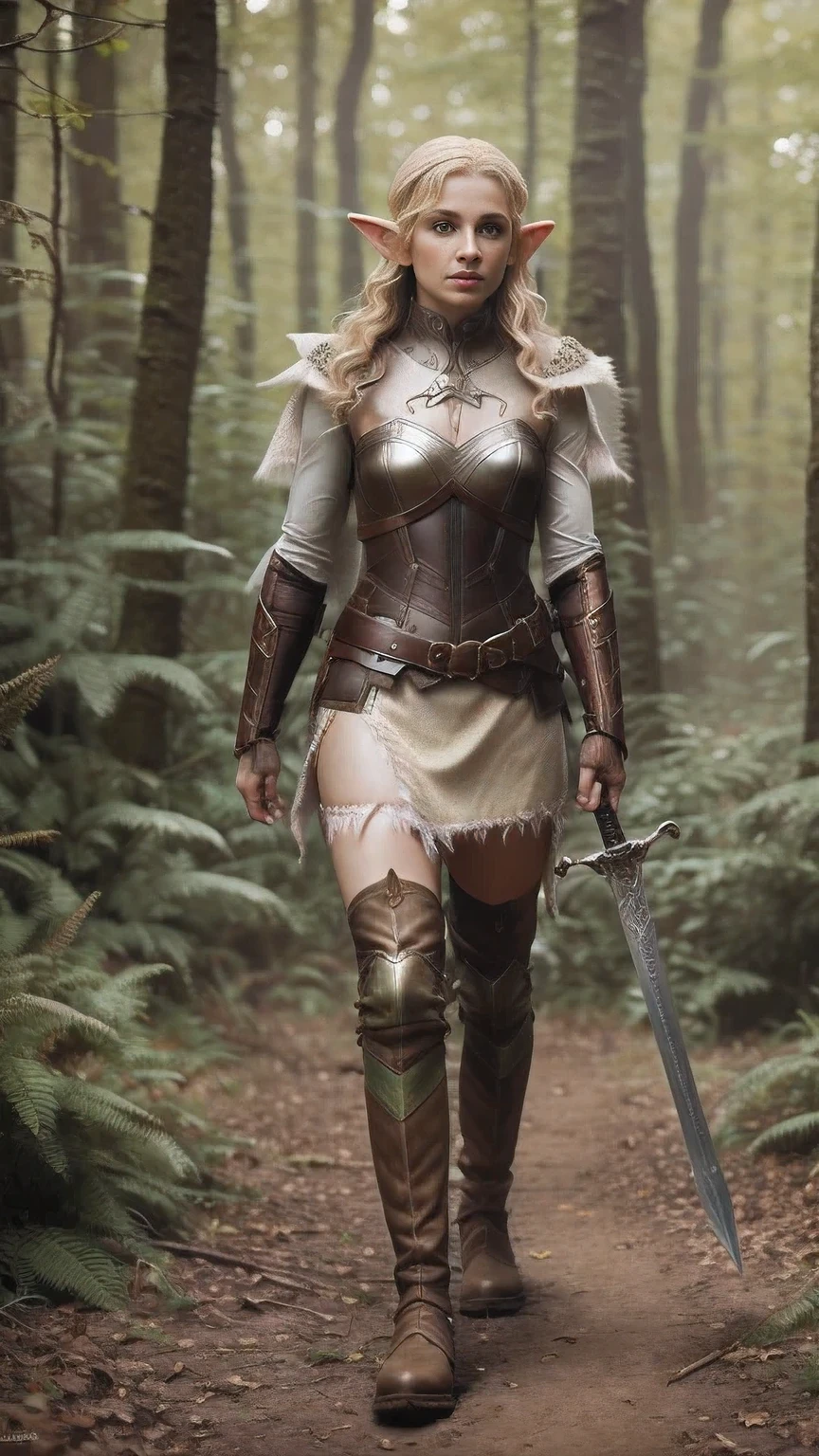 ((young elf girl )): blonde wavy short hair,freckles on the face, , wearing light dark brown leather armor ,Leather Bracers, high leather boots, Tolkien fantasy style, elf, sneaks through the bushes in the forest ,holding a sword in his hands, Edge of the forest, realistic scene, Photorealism,8k rendering,