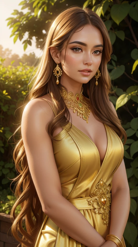 a beautiful woman with golden skin, long brown hair, wearing a golden dress, standing in a lush garden with golden flowers, (best quality,4k,8k,highres,masterpiece:1.2),ultra-detailed,(realistic,photorealistic,photo-realistic:1.37),highly detailed face, beautiful detailed eyes, beautiful detailed lips, extremely detailed eyes and face, long eyelashes, intricate golden jewelry, ornate golden patterns, warm golden lighting, glowing golden light, dramatic golden color grading, cinematic golden hues, golden hour photography, golden hour mood, magical golden fantasy