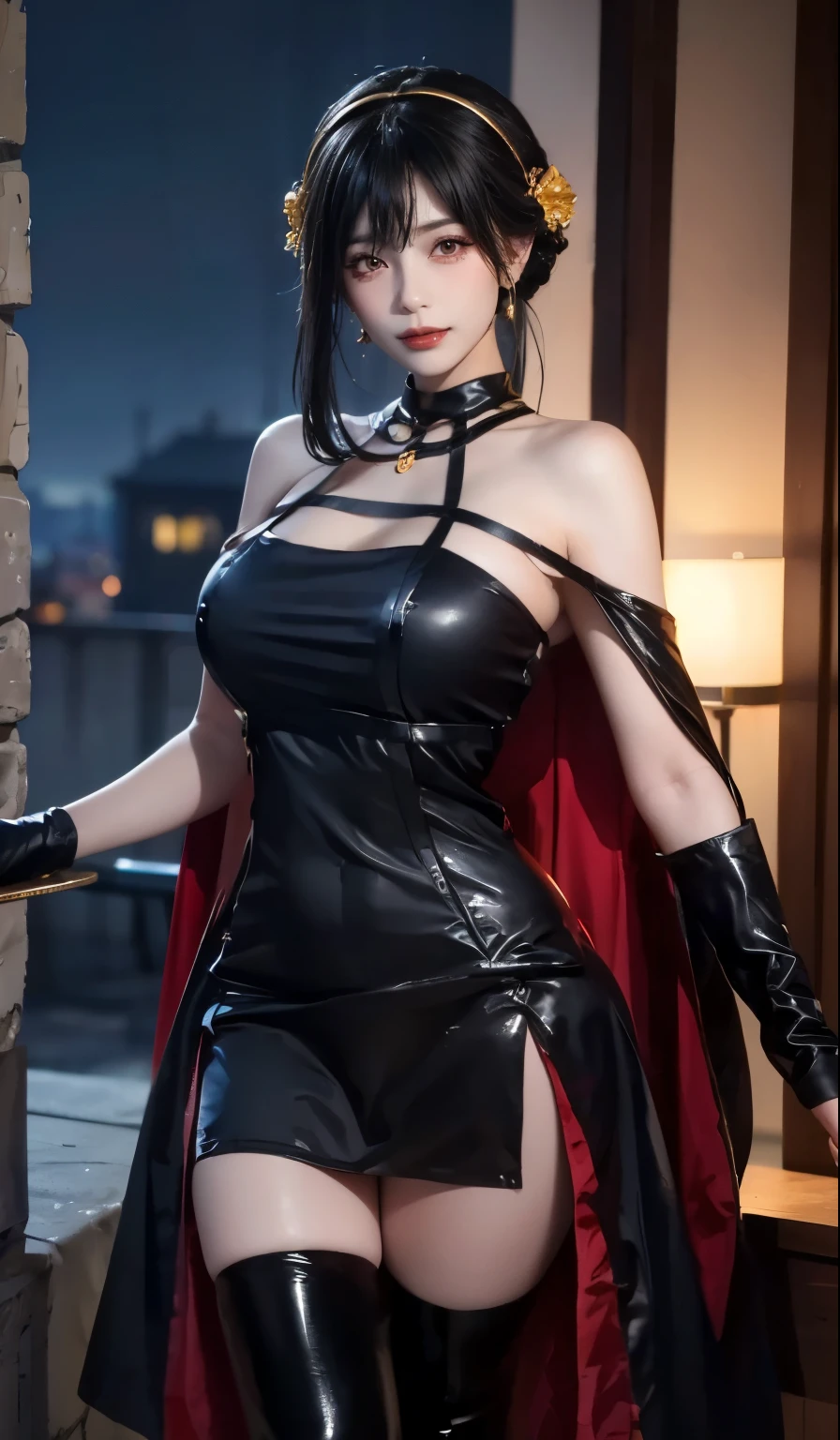 (highest quality, 4K, masterpiece :1.3), Beautiful woman, Surreal, 1 girl,),Ajolf, Side Lock,Short hair and long straight hair, Gold Hair Band, Gold earrings, Gold hair ornament, Big Breasts, Bare shoulders, Black Dress, Double-sided dress with red rose cape, choker, Thigh-high boots, , Fingerless gloves, Thigh-high boots,Slender Beauty, (Huge breasts, Attractive body :1.2), Abdominal exercises :1.1, Long black hair 1.1, Highly detailed face, Lip details, Fine Eyes, double eyelid, Sexy low neck dress, Open neckline, Pose with twisted hips, Visible curves,Muscular, curved legs, Yugal, masterpiece, highest quality, High resolution, aaYugalf,Cowboy Shot, Are standing, Looking at the audience, Outdoor, night, (Perfect Anatomy:1.Big Ass, jewelry, Off the shoulder, Black Pantyhose, Cute Smile, Beautiful and bright lighting, Beautiful breasts,Put your hands behind your back,