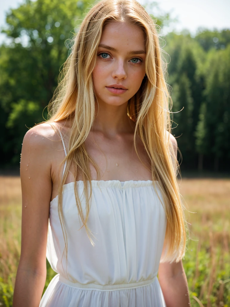 (best quality, masterpiece, highest detailed), (photorealistic:1.2), raw photo, professional photo, very thin girl, blonde, long blond hair, in a white transparent dress, (wet), posing in a field in the rain, looking at the camera  ,(rain:0.8), sunlight passing through the hair,  (vibrant color), (intricate details), exposure blend, bokeh, dim light, (hdr:1.4), high contrast, (muted colors, dim colors, soothing tones:1.3), low  saturation, morbid