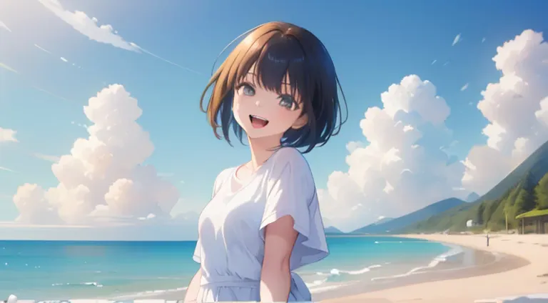 (masterpiece, highest quality, highest quality, official art, beautifully、beautiful:1.2), 1 girl,daytime,blue sky,sandy beach,cu...