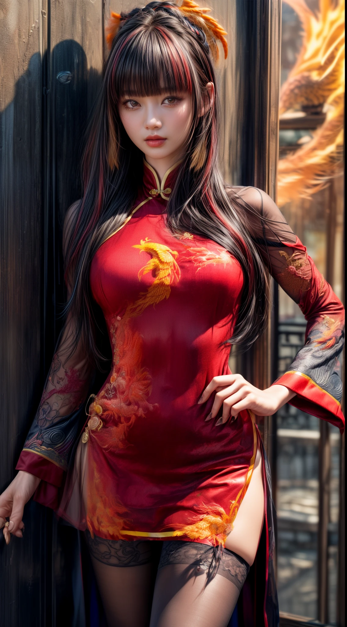 Mature Woman、(Crimson Hair)、((Black Hair))、(((Two-tone hair)))、(((A Chinese-style dress with delicate phoenix embroidery)))、(((Sheer thin dress)))、((((A wall painted with a phoenix))))、(((Detailed design)))、Slender women、Cute Woman、 8K Ultra HD,Detailed face、Delicate texture, Long Hair、(((Blunt bangs)))、Wavy Hair、thigh length stockings、Kung Fu Shoes、mini skirt、Chinese atmosphere、((Delicate photo))，(Girl Astepeace RAW Photo Details:1.25), (highest quality:1.6), (超A high resolution:1.5), (Realistic:1.75), 8K resolution, Canon EOS R5, 50mm, Absurd, Very detailed,Cinema Lighting、nsfw