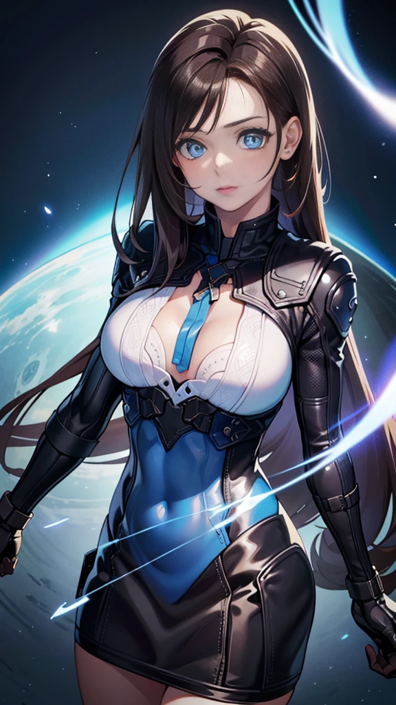 A breathtaking portrait of a woman with mesmerizing blue eyes, vestido com uma jaqueta preta, and exuding an air of neo-futuristic elegance. A arte captura todos os detalhes, featuring a highly detailed and vibrant representation. (inspirado por: "uma mulher com olhos azuis e uma jaqueta preta, neofuturista altamente detalhado, Behance favorito, olhos azul-acinzentados claros, detalhes finos")