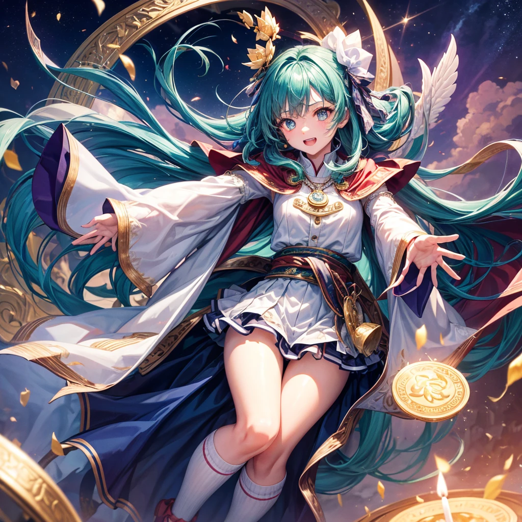 Aqua blue hair、Golden Eyes、Braid、One good looking girl、solo、anime、Checkered mini skirt、Ruffles on the skirt、Red T-shirt、Cape、Gothic、Black knee-high socks、bandana、Fluffy clothes、Wearing a ribbon、Ribbon on waist、Tilting face、Teeth are visible、Sunset sky、Piercing the clouds、Contrail、lotus leaves、Cumulonimbus、Pillar of Light、candle fire、Silver coin necklace、A world of light、Spreading his arms for balance、From above