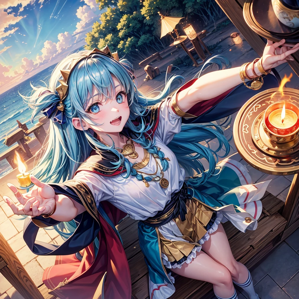 Aqua blue hair、Golden Eyes、Braid、One good looking girl、solo、anime、Checkered mini skirt、Ruffles on the skirt、Red T-shirt、Cape、Gothic、Black knee-high socks、bandana、Fluffy clothes、Wearing a ribbon、Ribbon on waist、Tilting face、Teeth are visible、Sunset sky、Piercing the clouds、Contrail、lotus leaves、Cumulonimbus、Pillar of Light、candle fire、Silver coin necklace、A world of light、Spreading his arms for balance、From above