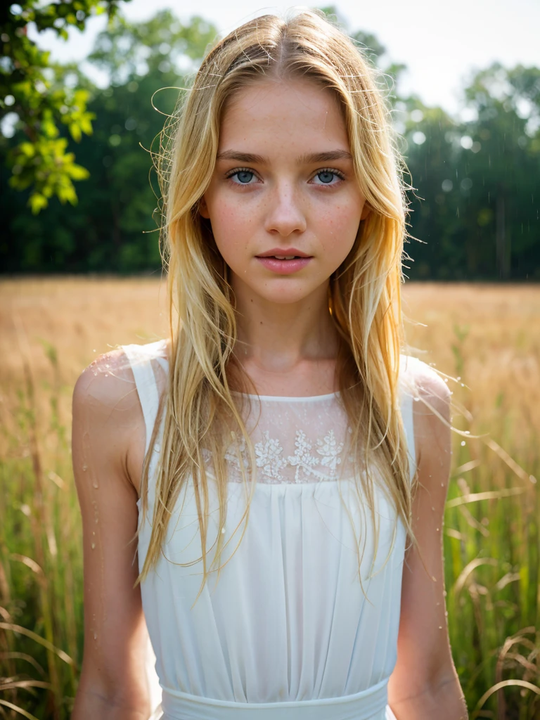 (best quality, masterpiece, highest detailed), (photorealistic:1.2), raw photo, professional photo, very thin girl, blonde, long blond hair, in a white transparent dress, ((wet)),  posing in a field in the rain, looking at the camera  ,(rain:0.8), sunlight passing through the hair,  (vibrant color), (intricate details), exposure blend, bokeh, dim light, (hdr:1.4), high contrast, (muted colors, dim colors, soothing tones:1.3), low  saturation, morbid