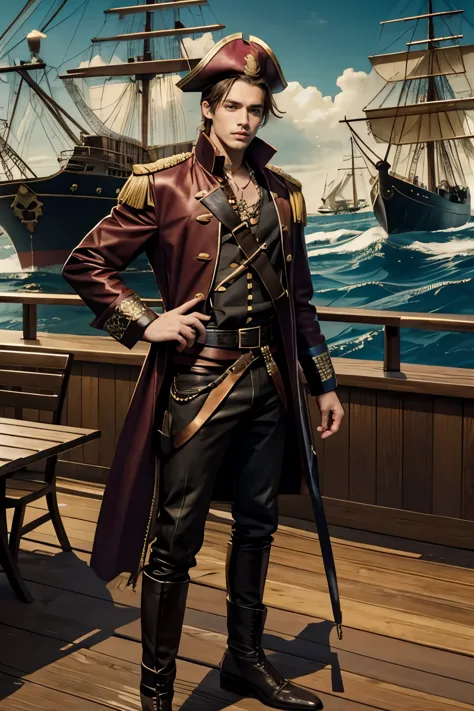 A young handsome guy with a good figure dressed like a pirate stands on the deck of a ship 