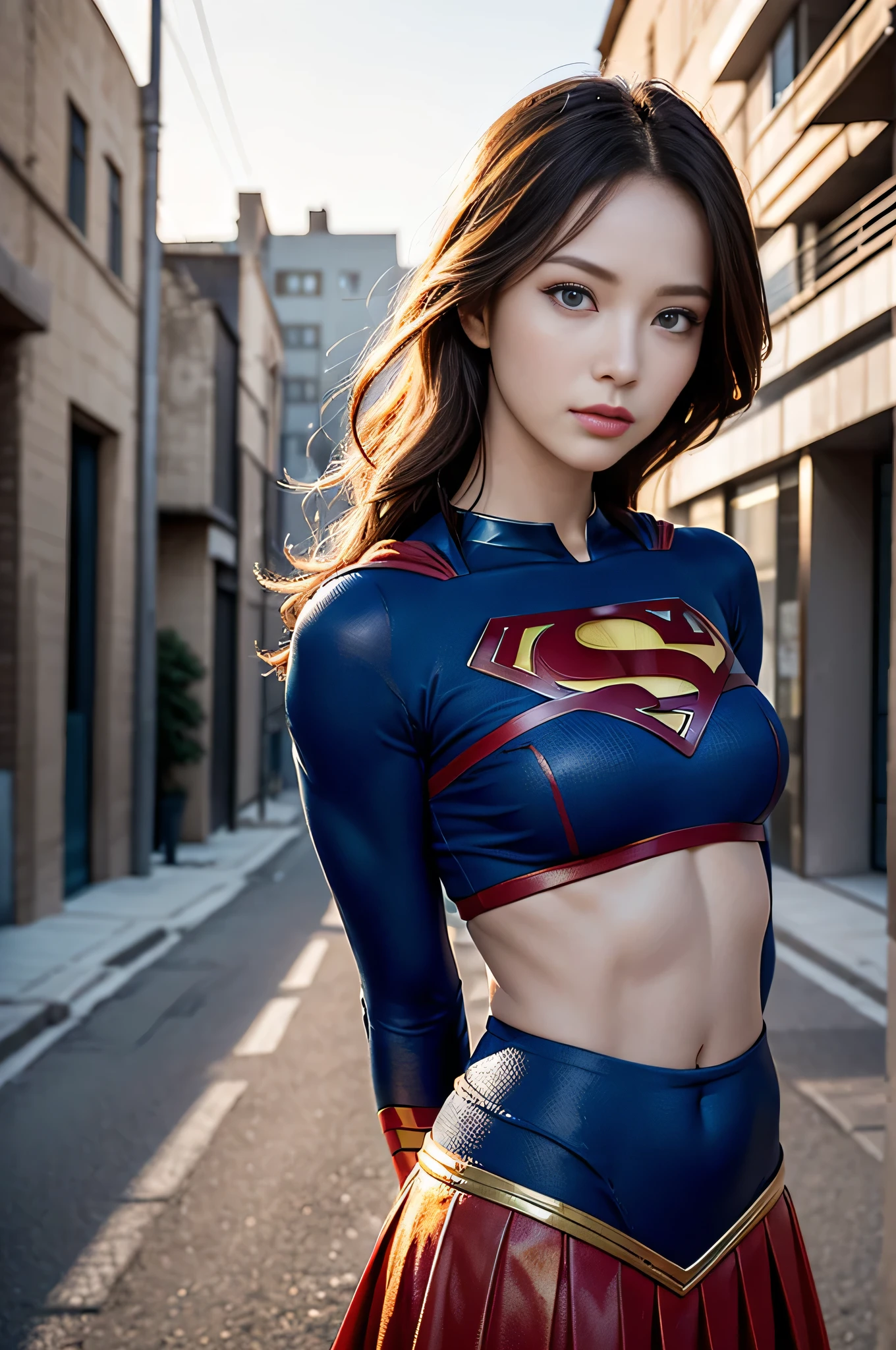 ภาพพอร์ตเทรต Supergirl ที่แข็งแกร่งและเท่、8k、ชุดสีเข้ม、บรรยากาศชวนฝันและมหัศจรรย์、（เครื่องแต่งกายซูเปอร์ฮีโร่、โลโก้ซูเปอร์แมนบนหน้าอก）、（ชายผิวขาว、หน้าท้องของผู้หญิง）、(ดวงตาสีฟ้าที่สวยงาม、ผมบลอนด์อ่อน、ผิวขาวใส、อายไลเนอร์、ขนตาปลอม、ดวงตาเรียว、 ผิวเปล่งประกาย、ผิวมันวาวสูง、การหดตัว、แสงระดับมืออาชีพ、สะดือท้อง、ใบหน้าที่สมบูรณ์แบบ、สไตล์ที่สมบูรณ์แบบ）、（อายุ 20 ปี、ผู้หญิงที่เป็นผู้ใหญ่、สาวรุ่นแม่หุ่นเป๊ะ、เอวกว้าง、ต้นขา、การแรเงา、ไฟส่องสว่างด้านหลัง）、จากมุมมองด้านหน้า、ความงามที่เย็นสบาย、ลูกวัวถูกยิง、ยืน、ก้มหน้าลงมองกล้อง.、(กระโปรงสีแดง)、ดวงตาที่สมจริง、 ดวงตาในรายละเอียดที่สวยงาม、(ผิวที่ดูสมจริง)、ความละเอียดสูงพิเศษที่น่าดึงดูดใจ、เหนือจริงเป็นพิเศษ、รายละเอียดอย่างยิ่ง、อัตราส่วนทองคำ、พื้นหลังเป็นถนนอาคารดิสโทเปียในยามเย็น、