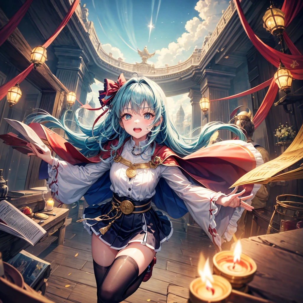 Aqua blue hair、Golden Eyes、Braid、One good looking girl、solo、anime、Checkered mini skirt、Ruffles on the skirt、Red T-shirt、Cape、Gothic、Black knee-high socks、bandana、Fluffy clothes、Wearing a ribbon、Ribbon on waist、Tilting face、Teeth are visible、Sunset sky、Piercing the clouds、Contrail、lotus leaves、Cumulonimbus、Pillar of Light、candle fire、Silver coin necklace、A world of light、Spreading his arms for balance、From above