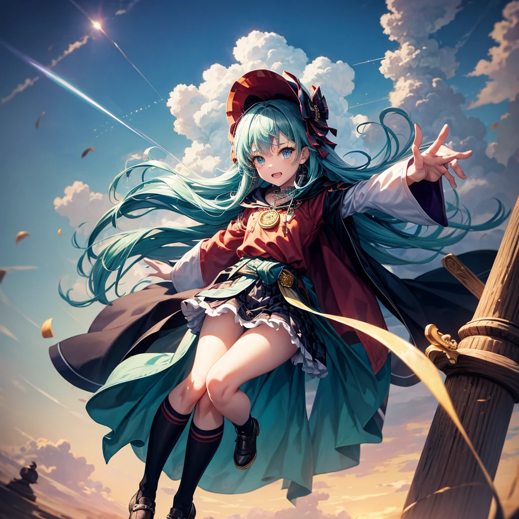 Aqua blue hair、Golden Eyes、Braid、One good looking girl、solo、anime、Checkered mini skirt、Ruffles on the skirt、Red T-shirt、Cape、Gothic、Black knee-high socks、bandana、Fluffy clothes、Wearing a ribbon、Ribbon on waist、Tilting face、Teeth are visible、Sunset sky、Piercing the clouds、Contrail、lotus leaves、Cumulonimbus、Pillar of Light、candle fire、Silver coin necklace、A world of light、Spreading his arms for balance、From above