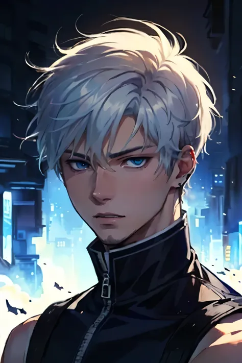 a man with white hair and blue eyes standing in front of a city, male anime character, trigger anime artstyle, tall anime guy wi...