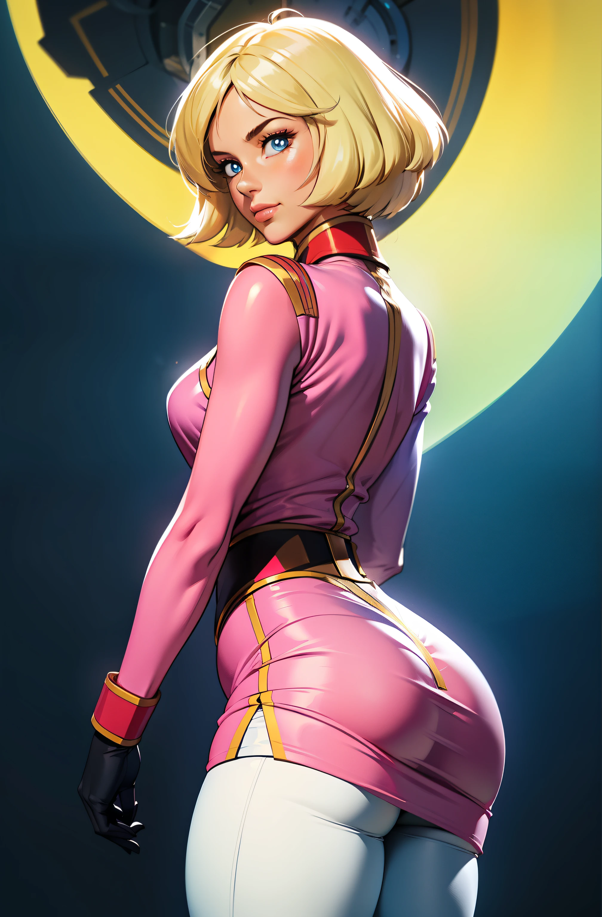 ((masterpiece)), ((cinematic lighting)), realistic photo、Real Images、Top image quality、1girl in, sayla mass, Elegant, masterpiece, Convoluted, slim arms, wide hips, thick thighs, thigh gaps, Best Quality, absurderes, high face detail, Perfect eyes, mature, Cowboy Shot, , Vibrant colors, soft pink uniform, soft pink Skirt, white tights, side view, shapely butt