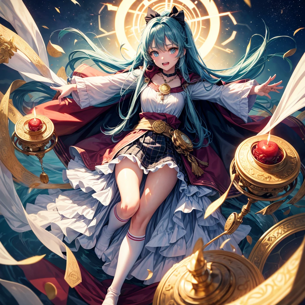 Aqua blue hair、Golden Eyes、Braid、One good looking girl、solo、anime、Checkered mini skirt、Ruffles on the skirt、Red T-shirt、Cape、Gothic、Black knee-high socks、bandana、Fluffy clothes、Wearing a ribbon、Ribbon on waist、Tilting face、Teeth are visible、Sunset sky、Piercing the clouds、Contrail、lotus leaves、Cumulonimbus、Pillar of Light、candle fire、Silver coin necklace、A world of light、Spreading his arms for balance、From above