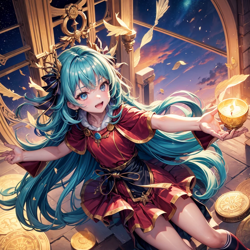 Aqua blue hair、Golden Eyes、Braid、One good looking girl、solo、anime、Checkered mini skirt、Ruffles on the skirt、Red T-shirt、Cape、Gothic、Black knee-high socks、bandana、Fluffy clothes、Wearing a ribbon、Ribbon on waist、Tilting face、Teeth are visible、Sunset sky、Piercing the clouds、Contrail、lotus leaves、Cumulonimbus、Pillar of Light、candle fire、Silver coin necklace、A world of light、Spreading his arms for balance、From above