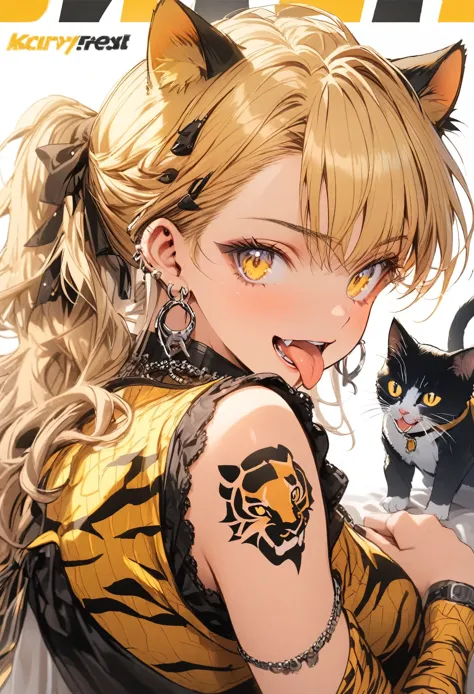 yellow and black, tiger pattern, tongue, gal, earrings, tattoo, cat pose