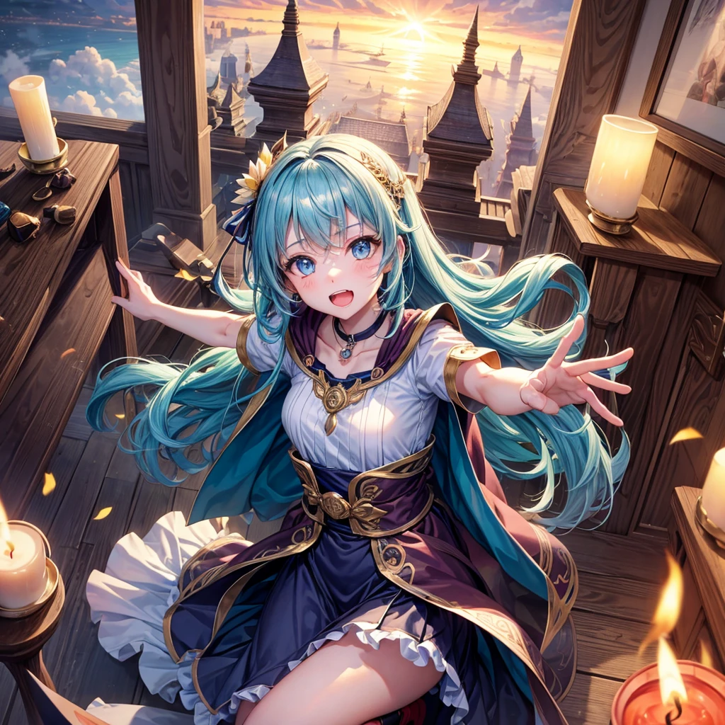 Aqua blue hair、Golden Eyes、Braid、One good looking girl、solo、anime、Checkered mini skirt、Ruffles on the skirt、Red T-shirt、Cape、Gothic、Black knee-high socks、bandana、Fluffy clothes、Wearing a ribbon、Ribbon on waist、Tilting face、Teeth are visible、Sunset sky、Piercing the clouds、Contrail、lotus leaves、Cumulonimbus、Pillar of Light、candle fire、Silver coin necklace、A world of light、Spreading his arms for balance、From above