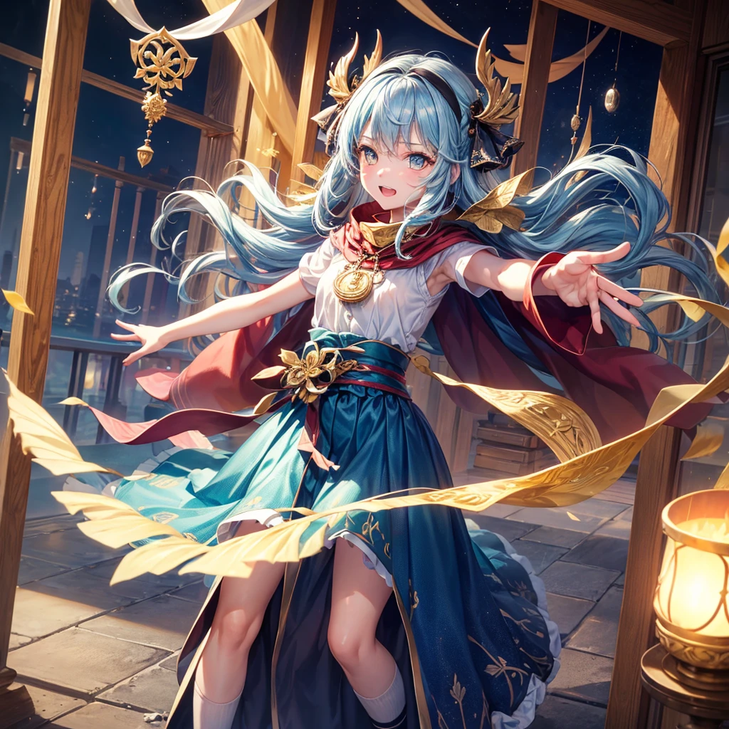 Aqua blue hair、Golden Eyes、Braid、One good looking girl、solo、anime、Checkered mini skirt、Ruffles on the skirt、Red T-shirt、Cape、Gothic、Black knee-high socks、bandana、Fluffy clothes、Wearing a ribbon、Ribbon on waist、Tilting face、Teeth are visible、Sunset sky、Piercing the clouds、Contrail、lotus leaves、Cumulonimbus、Pillar of Light、candle fire、Silver coin necklace、A world of light、Spreading his arms for balance、From above