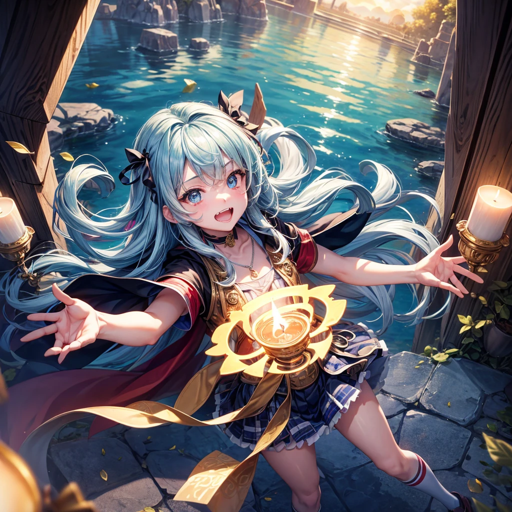 Aqua blue hair、Golden Eyes、Braid、One good looking girl、solo、anime、Checkered mini skirt、Ruffles on the skirt、Red T-shirt、Cape、Gothic、Black knee-high socks、bandana、Fluffy clothes、Wearing a ribbon、Ribbon on waist、Tilting face、Teeth are visible、Sunset sky、Piercing the clouds、Contrail、lotus leaves、Cumulonimbus、Pillar of Light、candle fire、Silver coin necklace、A world of light、Spreading his arms for balance、From above