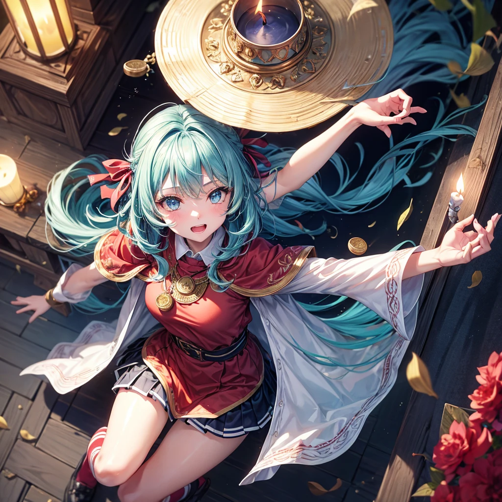 Aqua blue hair、Golden Eyes、Braid、One good looking girl、solo、anime、Checkered mini skirt、Ruffles on the skirt、Red T-shirt、Cape、Gothic、Black knee-high socks、bandana、Fluffy clothes、Wearing a ribbon、Ribbon on waist、Tilting face、Teeth are visible、Sunset sky、Piercing the clouds、Contrail、lotus leaves、Cumulonimbus、Pillar of Light、candle fire、Silver coin necklace、A world of light、Spreading his arms for balance、From above