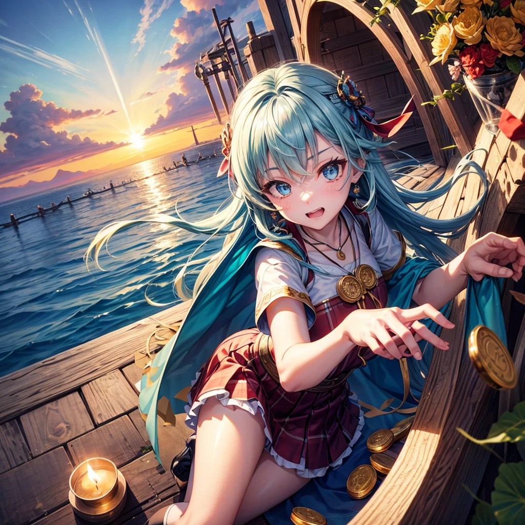 Aqua blue hair、Golden Eyes、Braid、One good looking girl、solo、anime、Checkered mini skirt、Ruffles on the skirt、Red T-shirt、Cape、Gothic、Black knee-high socks、bandana、Fluffy clothes、Wearing a ribbon、Ribbon on waist、Tilting face、Teeth are visible、Sunset sky、Piercing the clouds、Contrail、lotus leaves、Cumulonimbus、Pillar of Light、candle fire、Silver coin necklace、A world of light、Spreading his arms for balance、From above