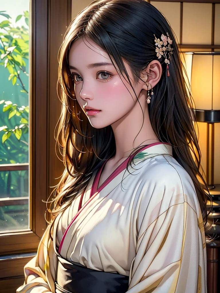 (highest quality、8k、32k、masterpiece)、(masterpiece,up to date,Exceptional:1.2), anime,One girl,Front hair,black_hair, Beautiful 8k eyes,Looking_in_Audience,One person in,Are standing,((Very beautiful woman, Fuller lips, Japanese pintern kimono))、((Colorful Japanese kimono)))、(((Medium Shot)))、Blunt bung、(High resolution)、Very beautiful face and eyes、1 girl 、Round and small face、Narrow waist、delicine body、(highest quality high detail Rich skin details)、(highest quality、8k、Oil paints:1.2)、Very detailed、(Realistic、Realistic:1.37)、Bright colors、(((blackhair)))、(((Blunt bung,Long Hair)))、(((cowboy pictures)))、((( Inside an old Japanese house with a (short focus lens:1.4),)))、(masterpiece, highest quality, highest quality, Official Art, beautifully、aesthetic:1.2), (One girl), Very detailedな,(Fractal Art:1.3),colorful,Most detailed,Sengoku period(High resolution)、Very beautiful face and eyes、1 girl 、Round and small face、Tight waist、Delicine body、(highest quality high detail Rich skin details)、(highest quality、8k、Oil paints:1.2)、(Realistic、Realistic:1.37)、Greg Rutkowski Written by Alphonse Mucha Ropp,short ,uchikake,nishijin ori,(realistic light and shadow), (real and delicate background),(muted colors, dim colors, soothing tones:1.3), low saturation, (hyperdetailed:1.2), (noir:0.4),drow,blurry_light_background, (vibrant color:1.2), cinematic lighting, ambient lighting,Single Shot,Shallow Focus,pink lip,blurry light background,