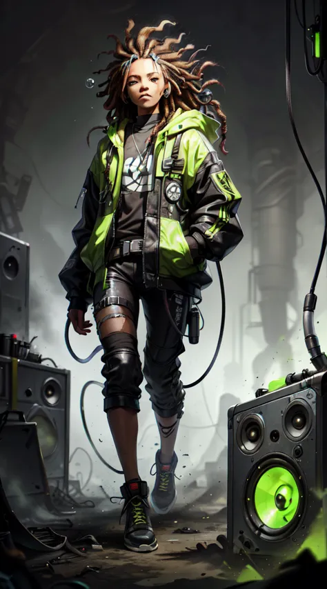 1 rapper with dreads hair, toxicpunkai techwear jacket, minimalist abstract toxicpunkai music mixer and speakers background, bub...