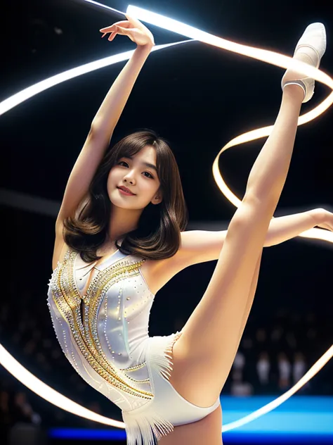 Photo-realistic quality、A 20-year-old idol wearing a white leotard,Elegant girl, Rhythmic gymnastics ribbon performance pose, Wh...