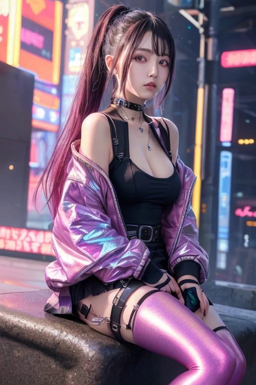 Digital Cyberpunk Art、highest quality、Ultra-high quality CG Unity 8K、Cyberpunk Pastel Goth、Shiny metallic、(sitting, yokozuwari)