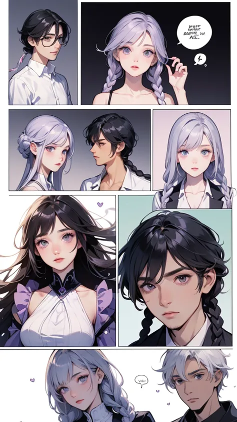 (masterpiece, highest quality), Couple(1 male, 1 woman with purple and white gradient double braids),、 detailed, comics, boy,hea...
