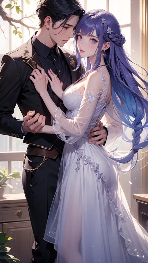 (masterpiece, highest quality), Couple(1 male, 1 woman with purple and white gradient double braids),、 detailed, comics, boy,hea...