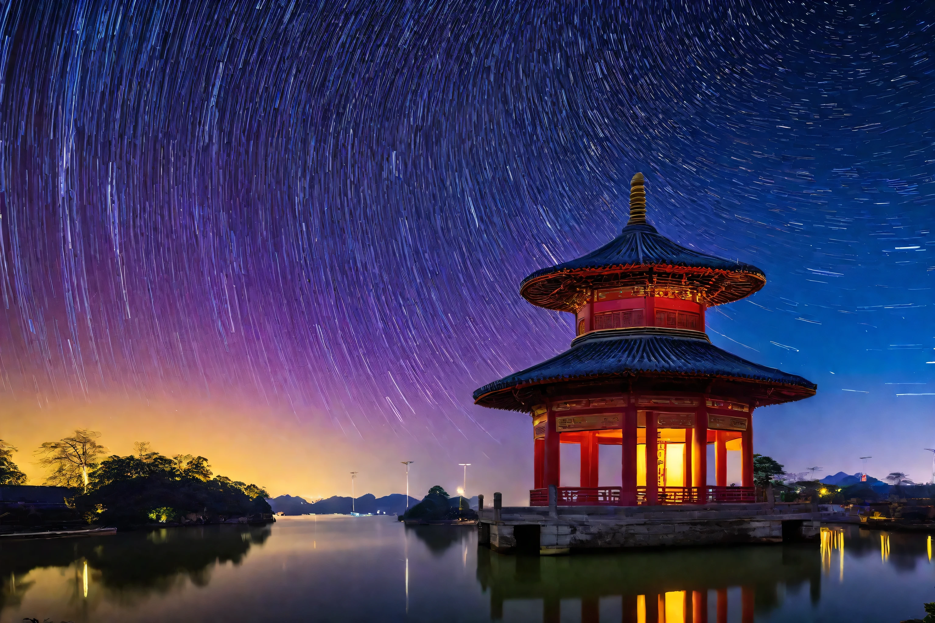  宝塔 Photography taken during the blue hour, Photos taken with Sony a7r,Chinese temple, The glittering temple in the distance, China&#39;s architectural mountains Star trails appear in the sky, tracingstar trails, star trails above, star trails, delay, Night Sky Photography, The background is an endless universe, Time-lapse shooting, Astrophotography, Long exposure photography, Colorful night sky, space photography, Long exposure photography, Beautiful and spectacular sunset, stars and planets visible, Stunning night view of the lake， Photography taken during the blue hour, The glittering temple in the distance, Hangzhou, Blue Hour Photography, Ancient Chinese Tower, Shot with Sony a7r camera, Photos taken with Sony a7r, Chinese Palace, Night settings, Cyberpunk Chinese Ancient Castle, Star trails appear in the sky, tracingstar trails, star trails above, star trails, delay, Night Sky Photography, The background is an endless universe, Time-lapse shooting, Astrophotography, Long exposure photography, Colorful night sky, space photography, Long exposure photography, Beautiful and spectacular sunset, stars and planets visible, stunning stars 8k、high resolution、National Geographic Works、RAW photos、International Gold Award Photo