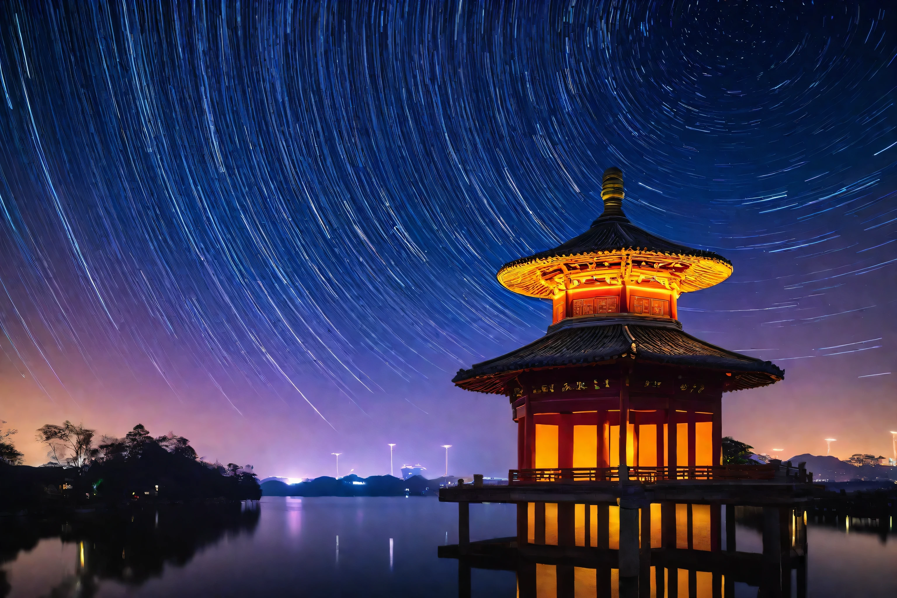  宝塔 Photography taken during the blue hour, Photos taken with Sony a7r,Chinese temple, The glittering temple in the distance, China&#39;s architectural mountains Star trails appear in the sky, tracingstar trails, star trails above, star trails, delay, Night Sky Photography, The background is an endless universe, Time-lapse shooting, Astrophotography, Long exposure photography, Colorful night sky, space photography, Long exposure photography, Beautiful and spectacular sunset, stars and planets visible, Stunning night view of the lake， Photography taken during the blue hour, The glittering temple in the distance, Hangzhou, Blue Hour Photography, Ancient Chinese Tower, Shot with Sony a7r camera, Photos taken with Sony a7r, Chinese Palace, Night settings, Cyberpunk Chinese Ancient Castle, Star trails appear in the sky, tracingstar trails, star trails above, star trails, delay, Night Sky Photography, The background is an endless universe, Time-lapse shooting, Astrophotography, Long exposure photography, Colorful night sky, space photography, Long exposure photography, Beautiful and spectacular sunset, stars and planets visible, stunning stars 8k、high resolution、National Geographic Works、RAW photos、International Gold Award Photo