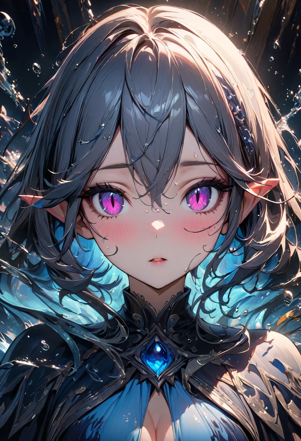 (masterpiece, illustration, best quality:1.5), 1 Elf girl, yinji, purple hair, purple eyes, long hair, white hair, double braids, gradient hair, water blue body painting, global illumination, finely detailed, beautiful face, beautiful detailed shading, (3_water_droplets), tilted halos, body lightly covered with frost, water elements, water drops, water, jowelery and wet atmosphere,beautifully detailed background, cinematic, black ice, pink and blue gems , transparent sky blue scarf , royal blue dress