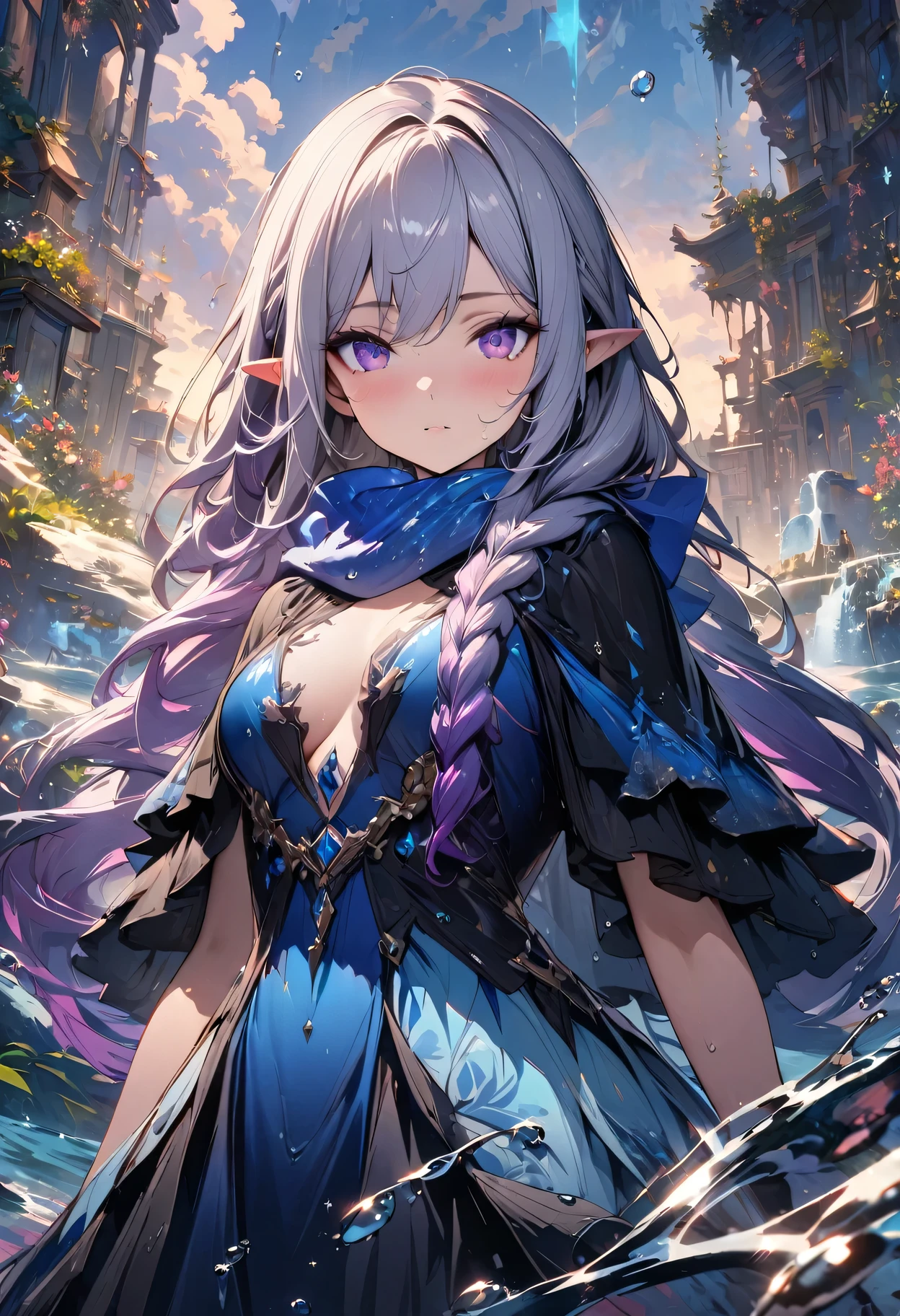 (masterpiece, illustration, best quality:1.5), insanely beautiful black ice SKADI little sister, 2 girls, yinji, purple hair, purple eyes, long hair, white hair, double braids, gradient hair, water blue body painting, global illumination, finely detailed, beautiful defined detailed face, beautiful detailed eyes, beautiful detailed shading, highly Detailed body, finely detailed, (3_water_droplets), tilted halos, full body, body lightly covered with frost, frosty wild hair, water elements, water drops, water ,pointy ears, majestic dress, blue makeup , jowelery, and wet atmosphere, , full body focus, beautifully detailed background, cinematic, K, UHD, by Li Yue, pink and blue gems , transparent sky blue scarf , royal blue dress