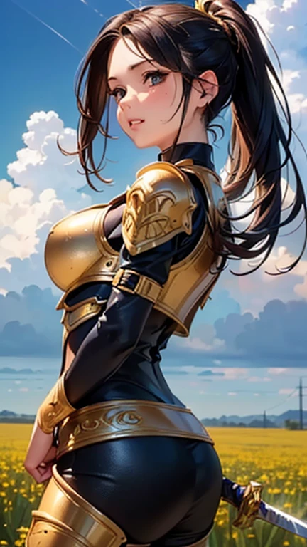 A girl is posing for a photo, cute女の子, Enchanting girl, Anime Girls, 
(((One Girl, Baby Face, cute, 16 years old))), 

(dknsoutfit:1.3、Black Armor、Gold-decorated breastplate、Gold-decorated knee pads、Holding a big sword),   
BREAK 

(Beautiful Hair, Shiny Hair), (Black Hair、ponytail、slicked back hair:1.4),  
(Expression of fine eyes, Beautiful and delicate eyes, Sparkling eyes, Eye Reflexes), (black eye), 
double eyelid, Long eyelashes, 
(Beautiful Nose,Thin Nose), 
(Glossy lips, Beautiful Lips, Thick lips), 
(Symmetrical facial features, Perfect Face), (((Detailed skin, Oily skin, Textured skin, Beautiful Skin))), 
break  

(smile), 
(noon、(Sunshine、Meadow in a fantasy world、blue sky、cumulonimbus)), ((Dynamic Pose、front view、Cowboy Shot:1.4)), 
break 

(((highest quality)), ((masterpiece)), (Very detailed), (High resolution), (Beautiful sparkle), (High detail), (Anatomically correct)), ((Realistic)), 
(The best CG), Highly detailed art, CG illustration, (16k, 1080p), ((Line art)),

