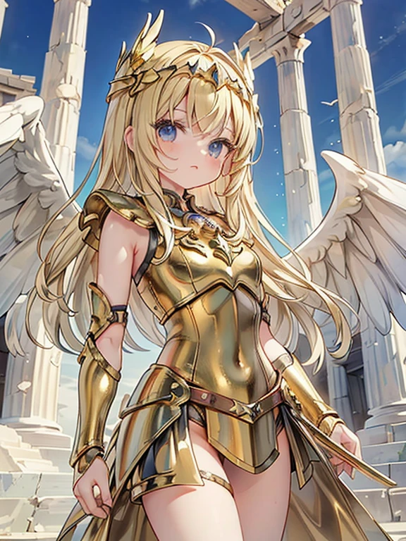 masterpiece, highest quality, Very detailed, 16k, Ultra-high resolution, Cowboy Shot, Detailed face, Perfect Fingers, One female, aged 14, Greece, Dreamscape, In front of the Parthenon, SagittariusArmor, armor, golden armor, wings, helmet, long metal wings, long golden wings