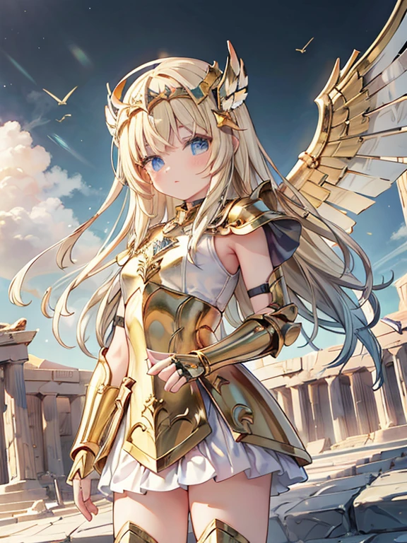 masterpiece, highest quality, Very detailed, 16k, Ultra-high resolution, Cowboy Shot, Detailed face, Perfect Fingers, One female, aged 14, Greece, Dreamscape, In front of the Parthenon, SagittariusArmor, armor, golden armor, wings, helmet, long metal wings, long golden wings