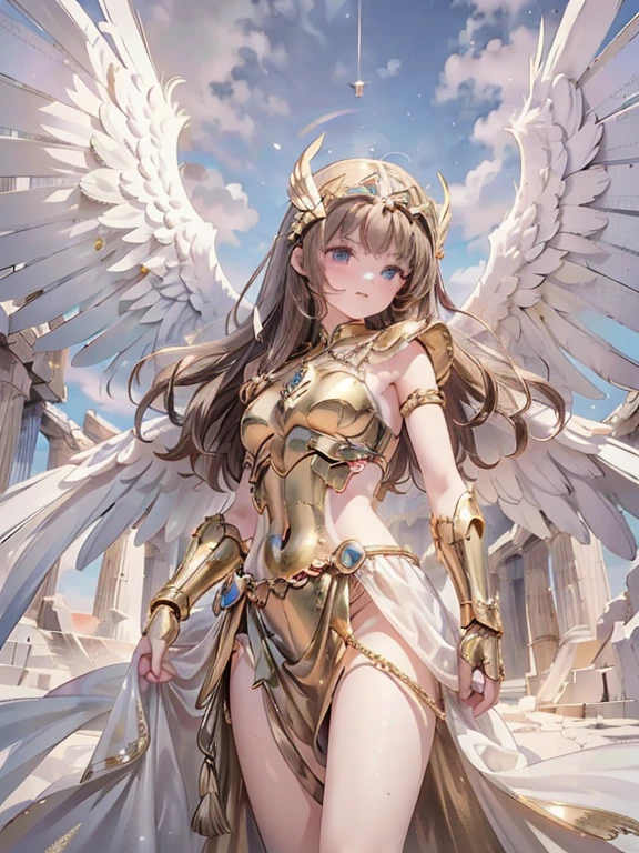 masterpiece, highest quality, Very detailed, 16k, Ultra-high resolution, Cowboy Shot, Detailed face, Perfect Fingers, One female, aged 14, Greece, Dreamscape, In front of the Parthenon, SagittariusArmor, armor, golden armor, wings, helmet, long metal wings, long golden wings