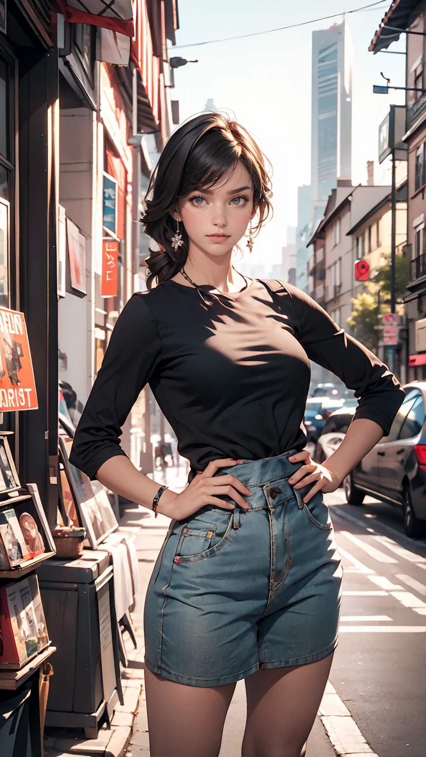 Midgar City Style、Apartment building with cityscape in the background、24 year old Caucasian female、smile、Place your hands on your hips、Low - Angle