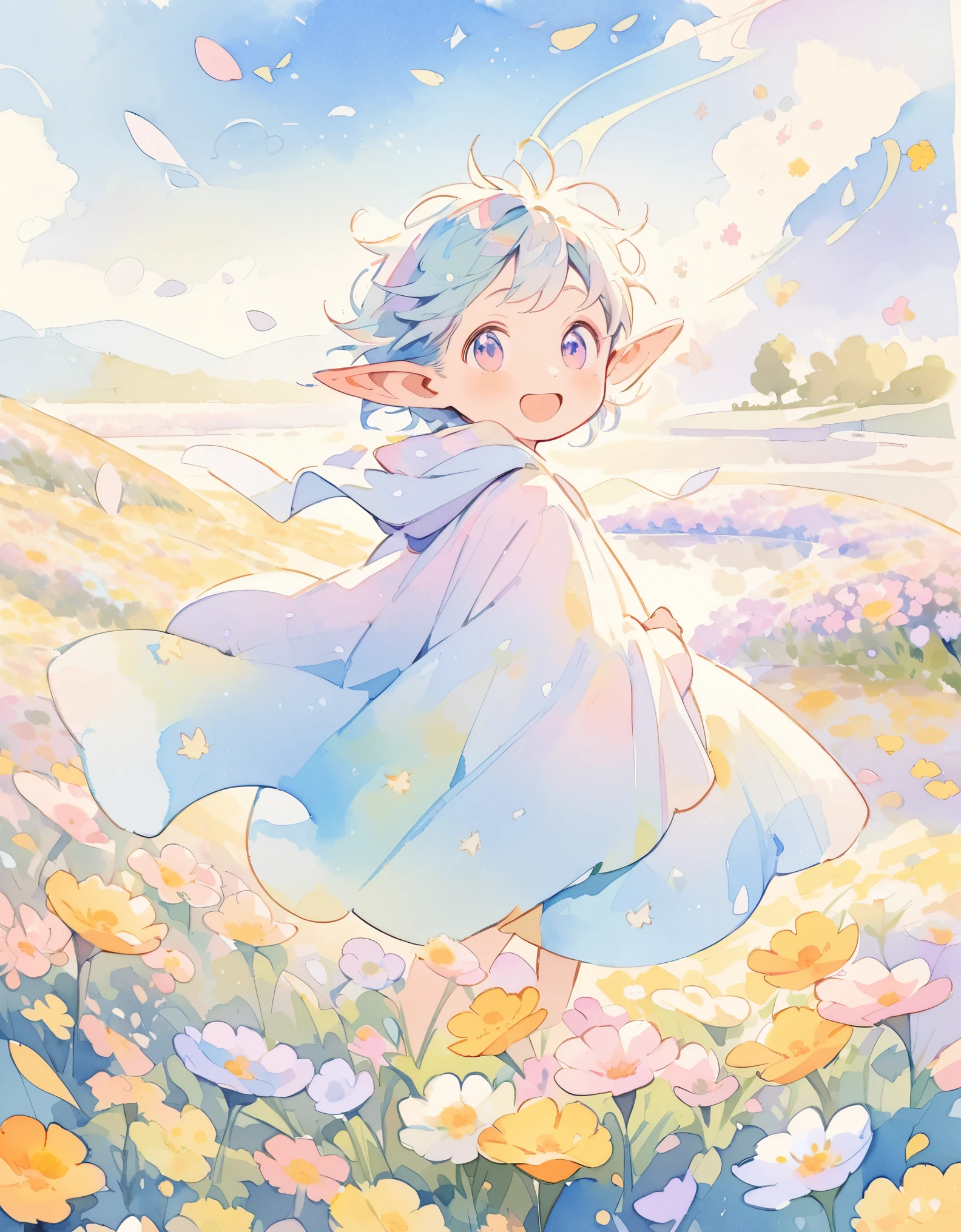 Elf Boy, Pointy Ears, Magic Robe, Expressions of joy, Magic Wind, natural environment, ((Flower Field, pastel colour)), Lakeside, Watercolor. Whimsical and delicate style, Illustrations for children, Children&#39;s book illustrations, masterpiece:1.2,